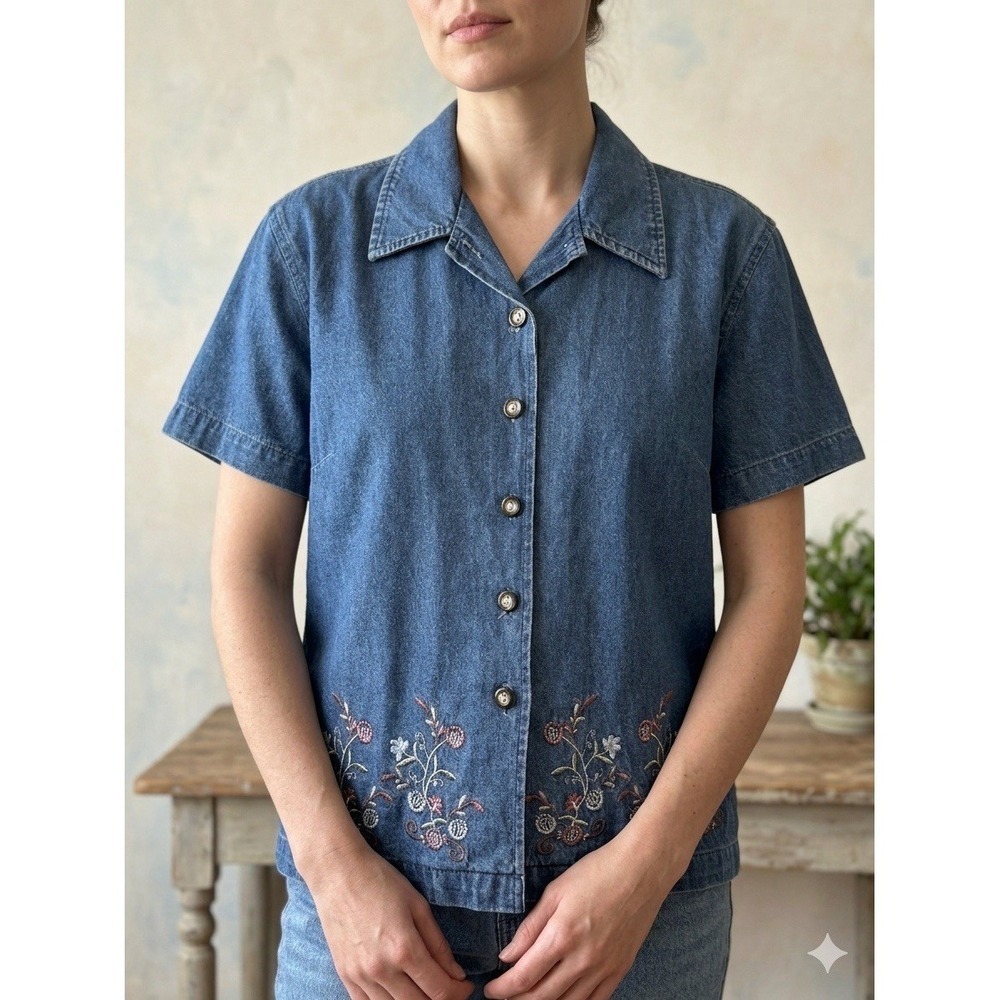 Vintage 90s Jane Ashley Denim Shirt PM Cottagecore Embroidered Floral Cotton Top